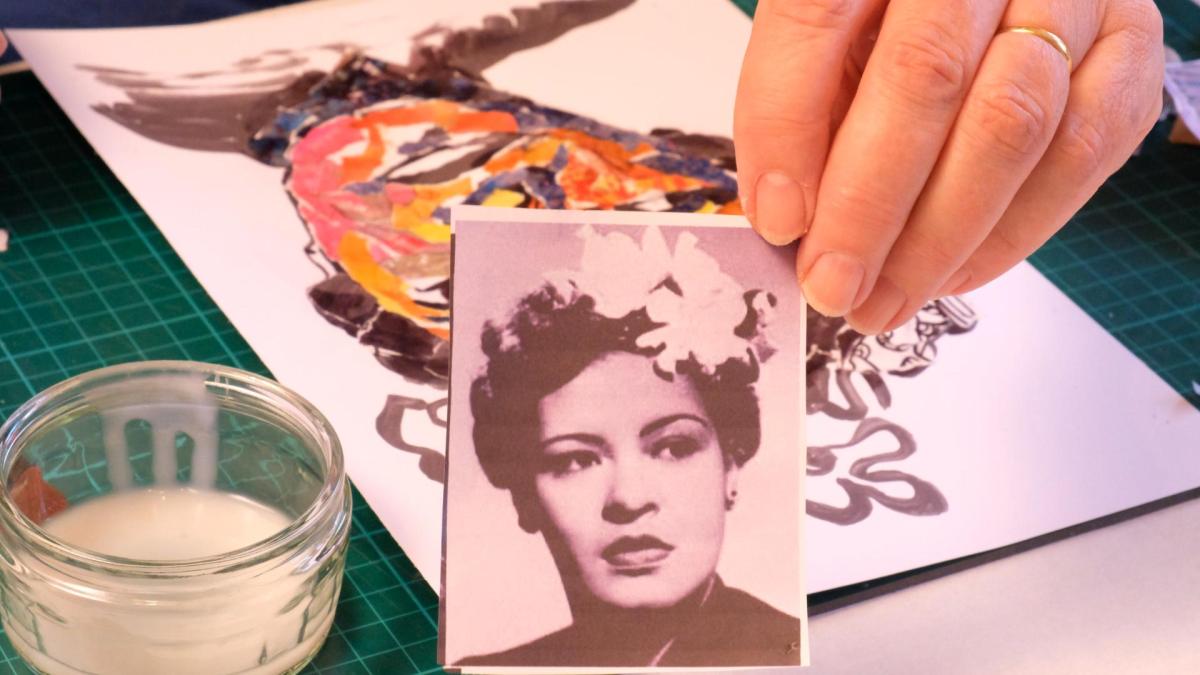 Ros working on paper portrait of Billie Holiday