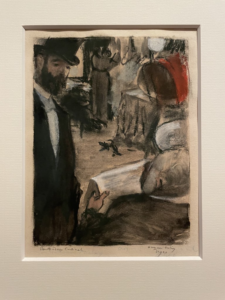 Edgar Degas , pastel and graphite over monotype in black ink on paper. Ludovic Halevy Finds Madame Cardinal in the Dressing Room 