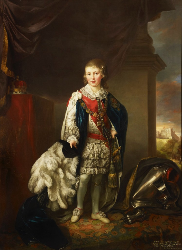 Portrait of George, Prince of Wales, eldest son of King George III. He is wearing garter robes. The portrait was painted by court artist Richard Brompton is about 1770. Windsor Castle features in the background 